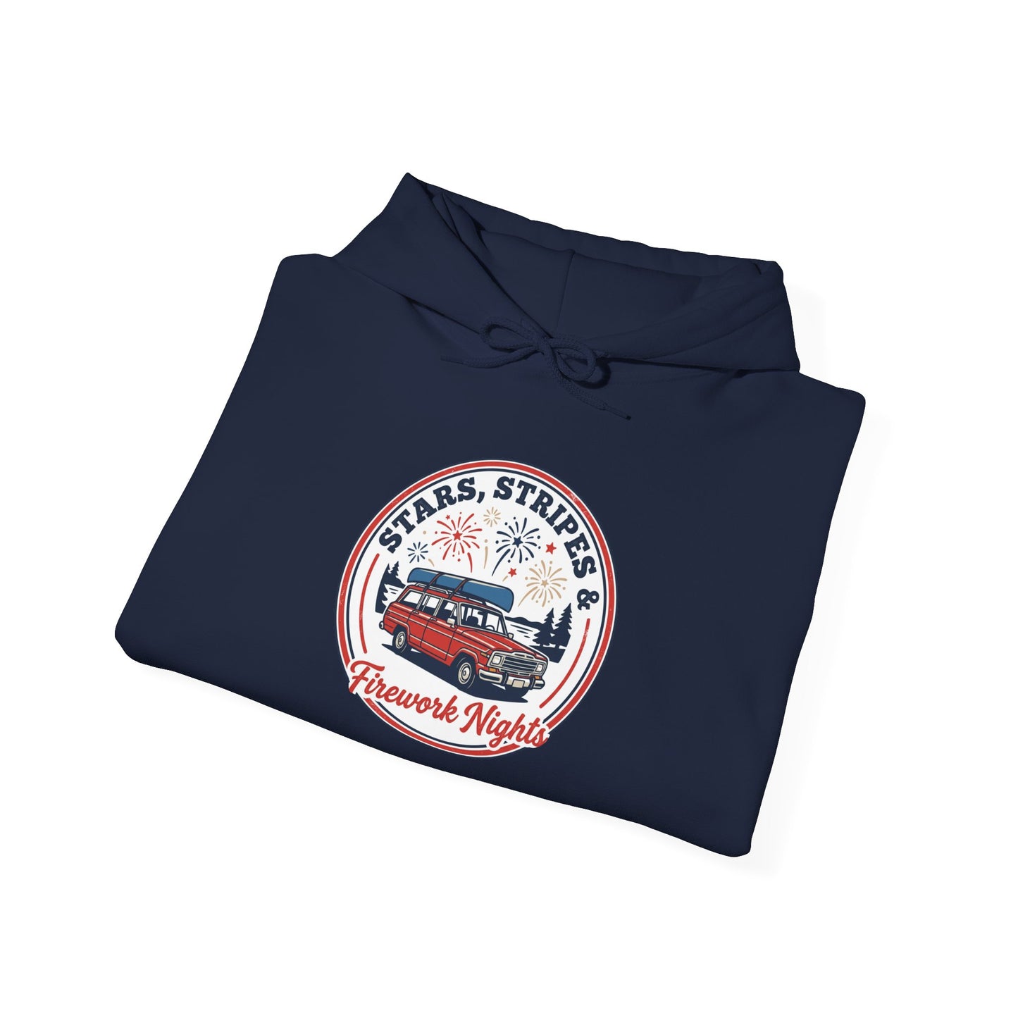Vintage Americana Fireworks Hoodie | red white blue, retro parade