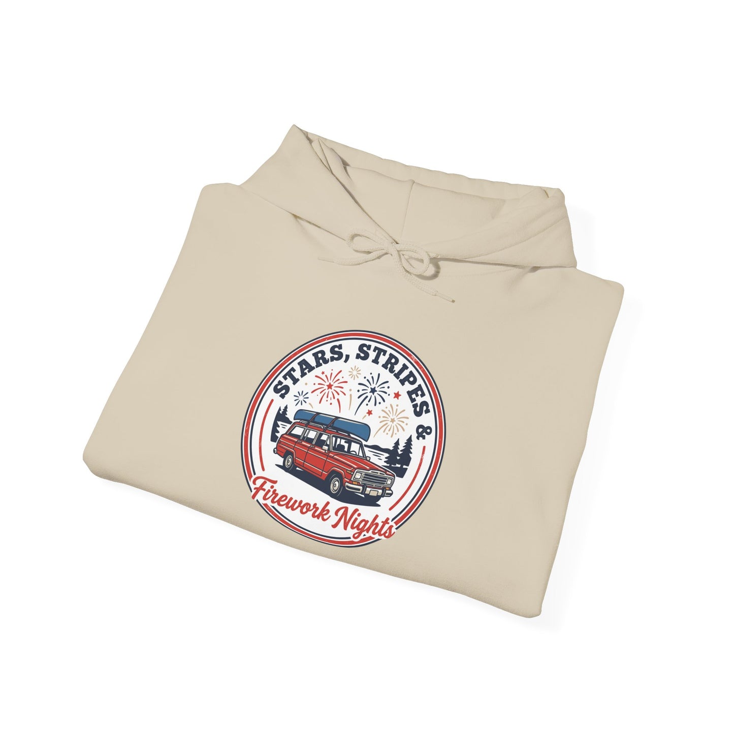 Vintage Americana Fireworks Hoodie | red white blue, retro parade
