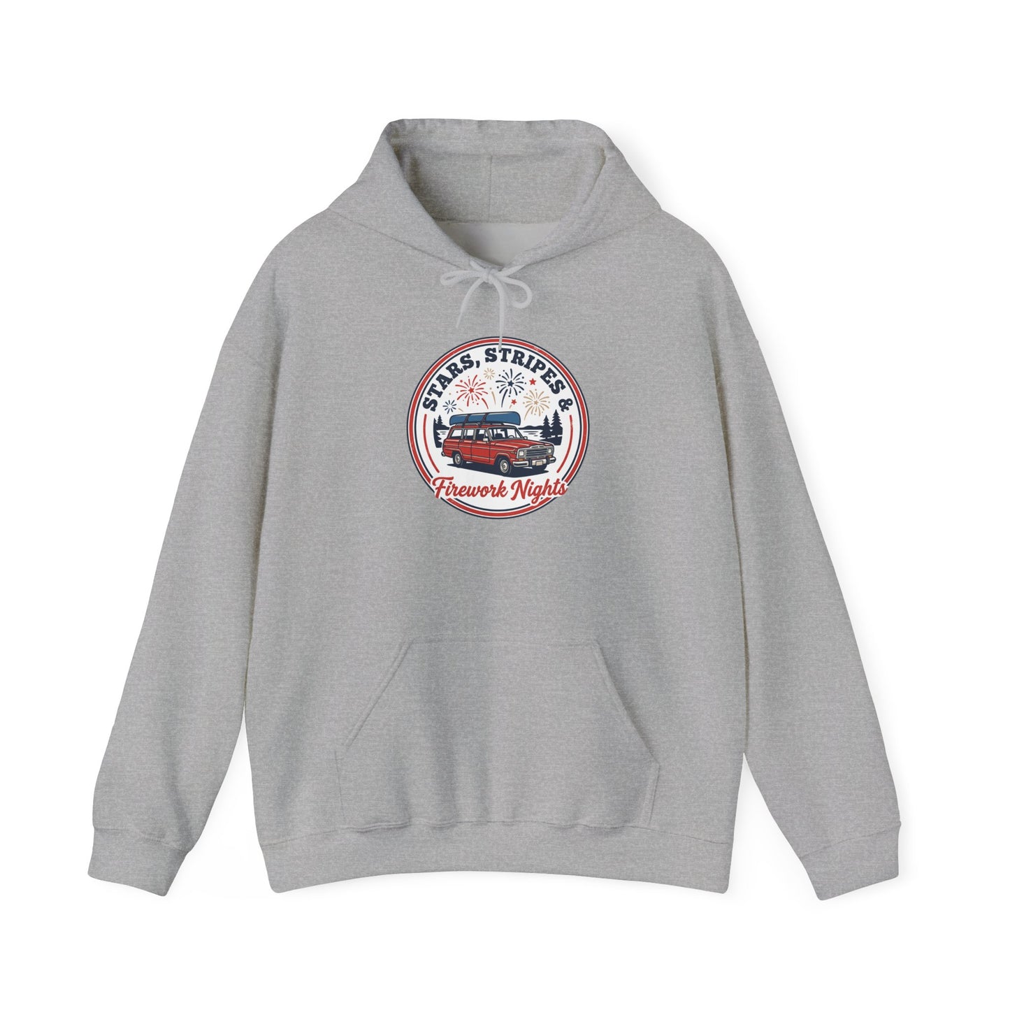 Vintage Americana Fireworks Hoodie | red white blue, retro parade