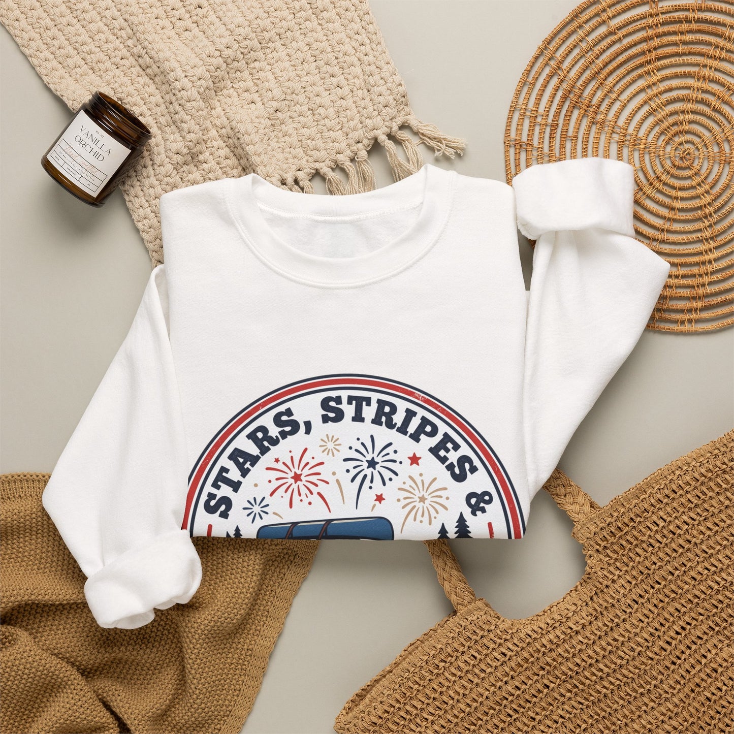 Firework Nights Crewneck Sweatshirt | vintage USA, red white blue Americana