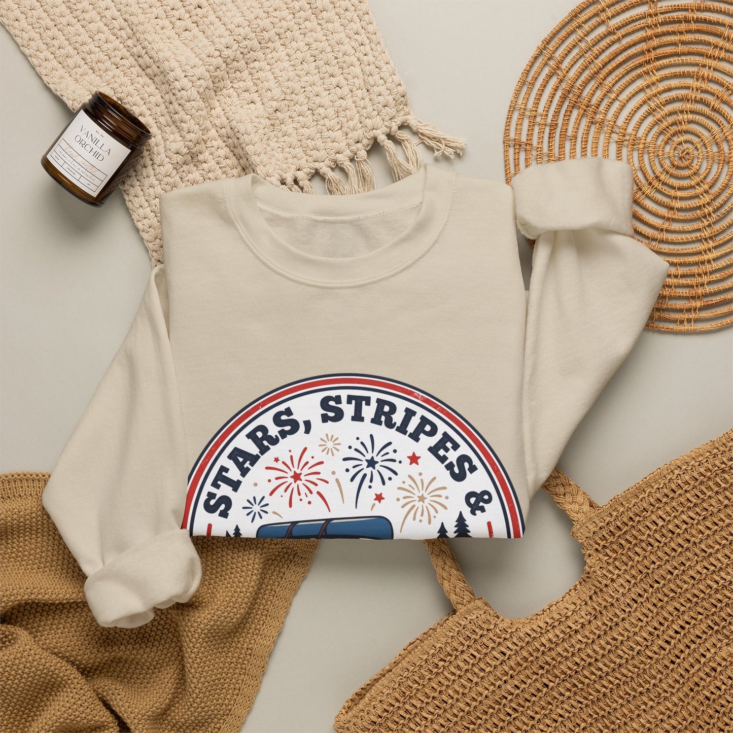 Firework Nights Crewneck Sweatshirt | vintage USA, red white blue Americana