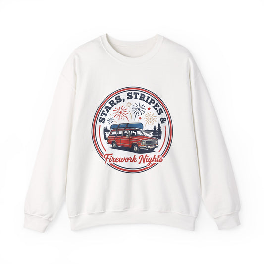 Firework Nights Crewneck Sweatshirt | vintage USA, red white blue Americana