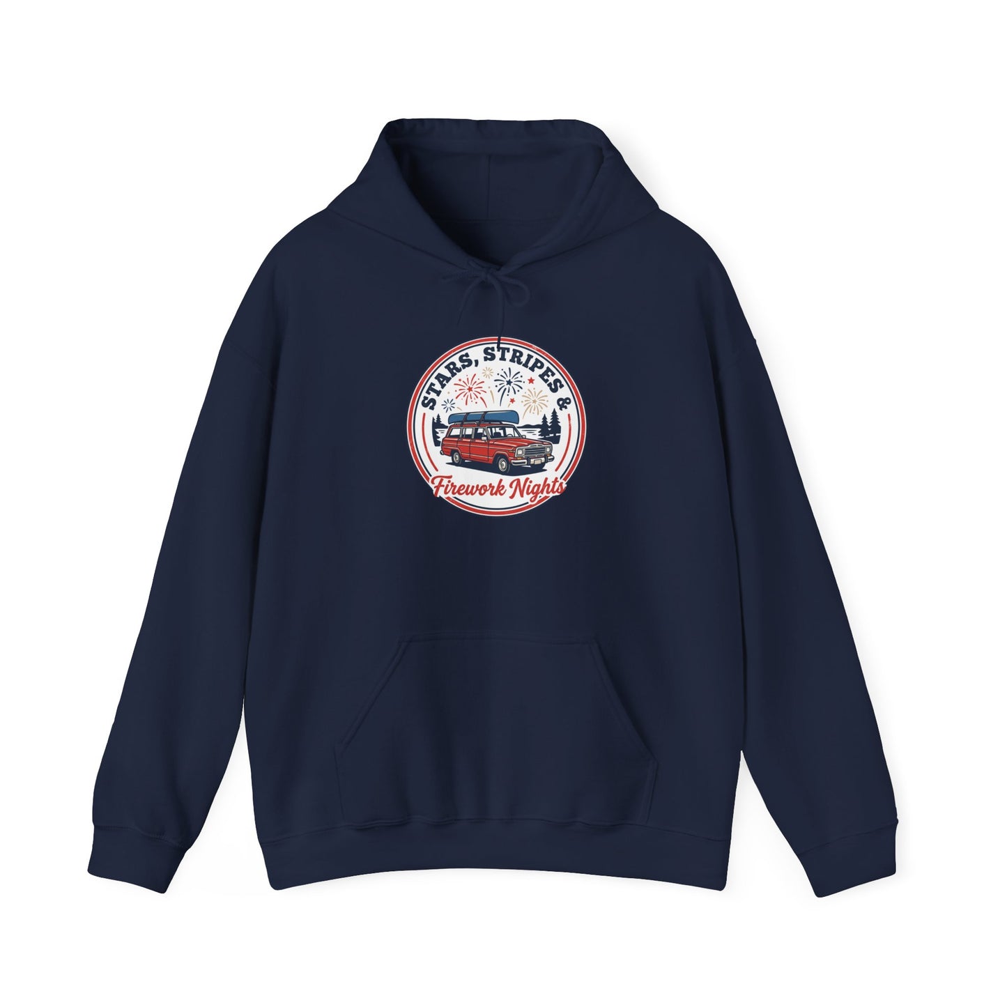 Vintage Americana Fireworks Hoodie | red white blue, retro parade