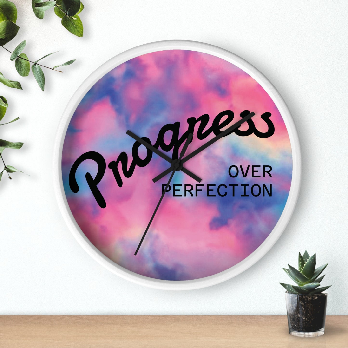 Progress Over Perfection wall clock | pastel cloud background