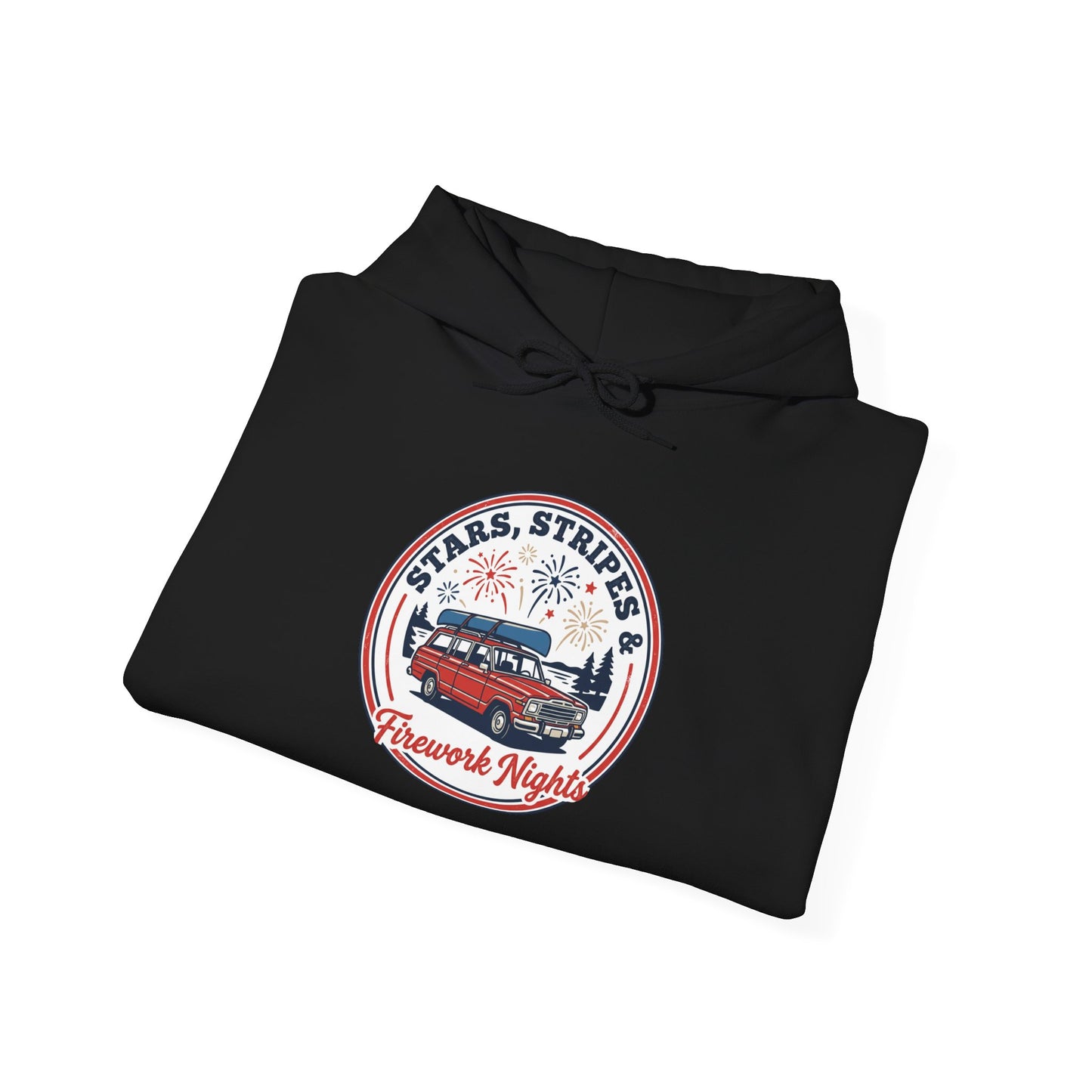 Vintage Americana Fireworks Hoodie | red white blue, retro parade