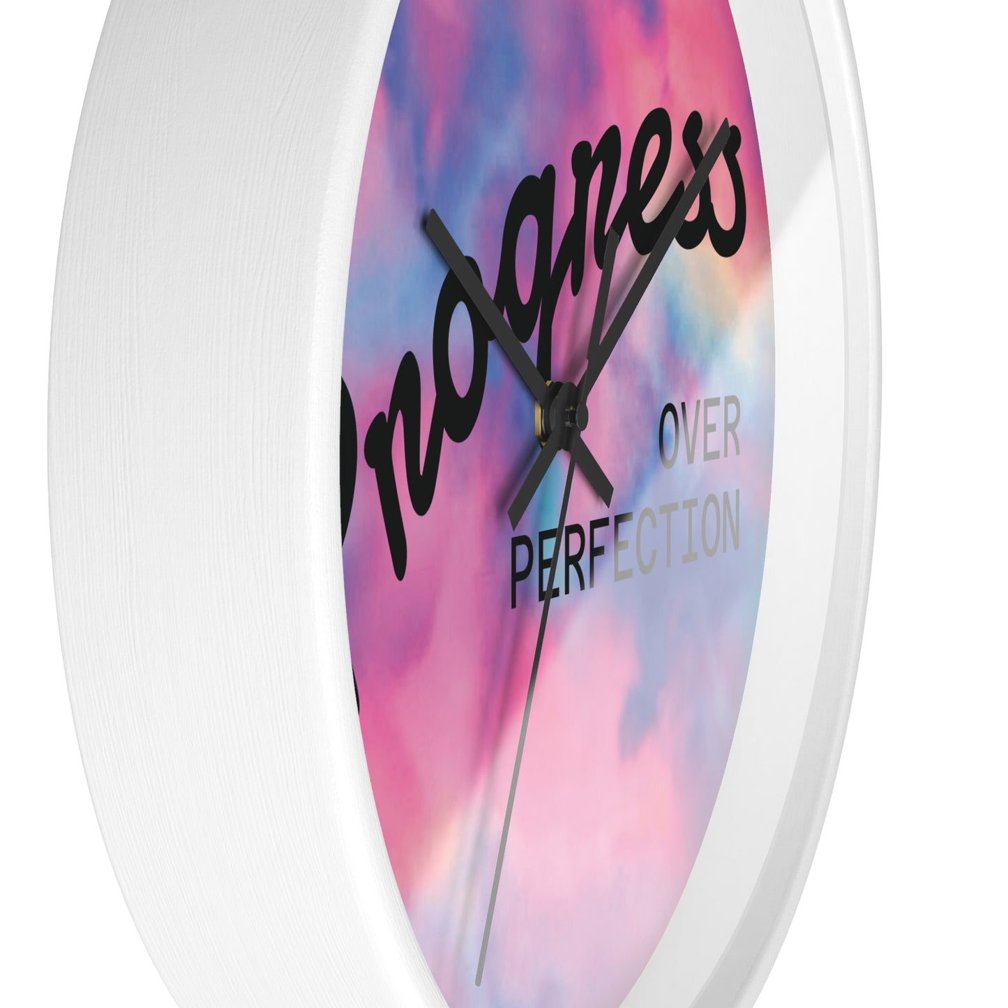 Progress Over Perfection wall clock | pastel cloud background