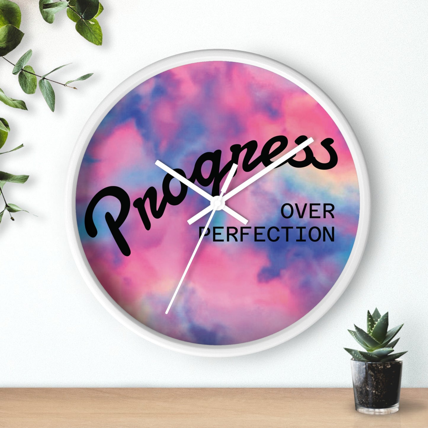 Progress Over Perfection wall clock | pastel cloud background