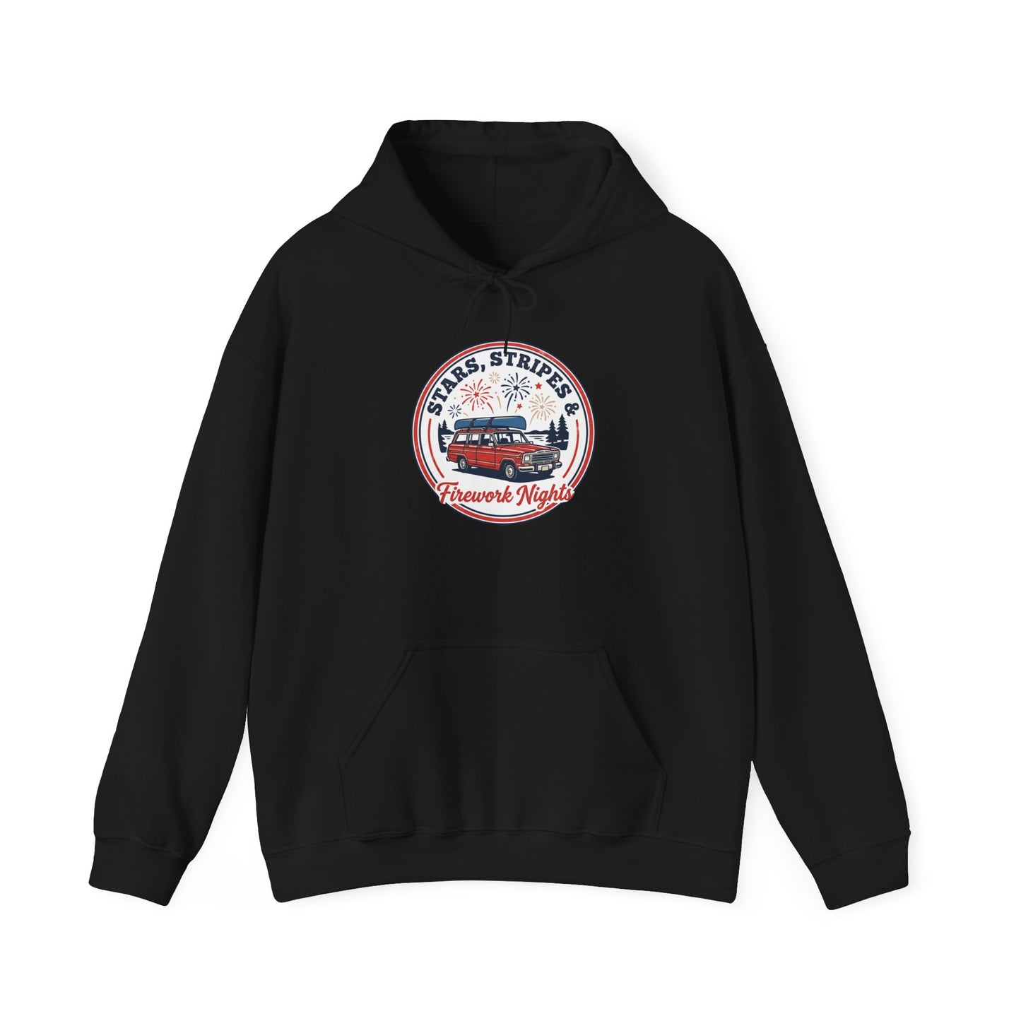 Vintage Americana Fireworks Hoodie | red white blue, retro parade