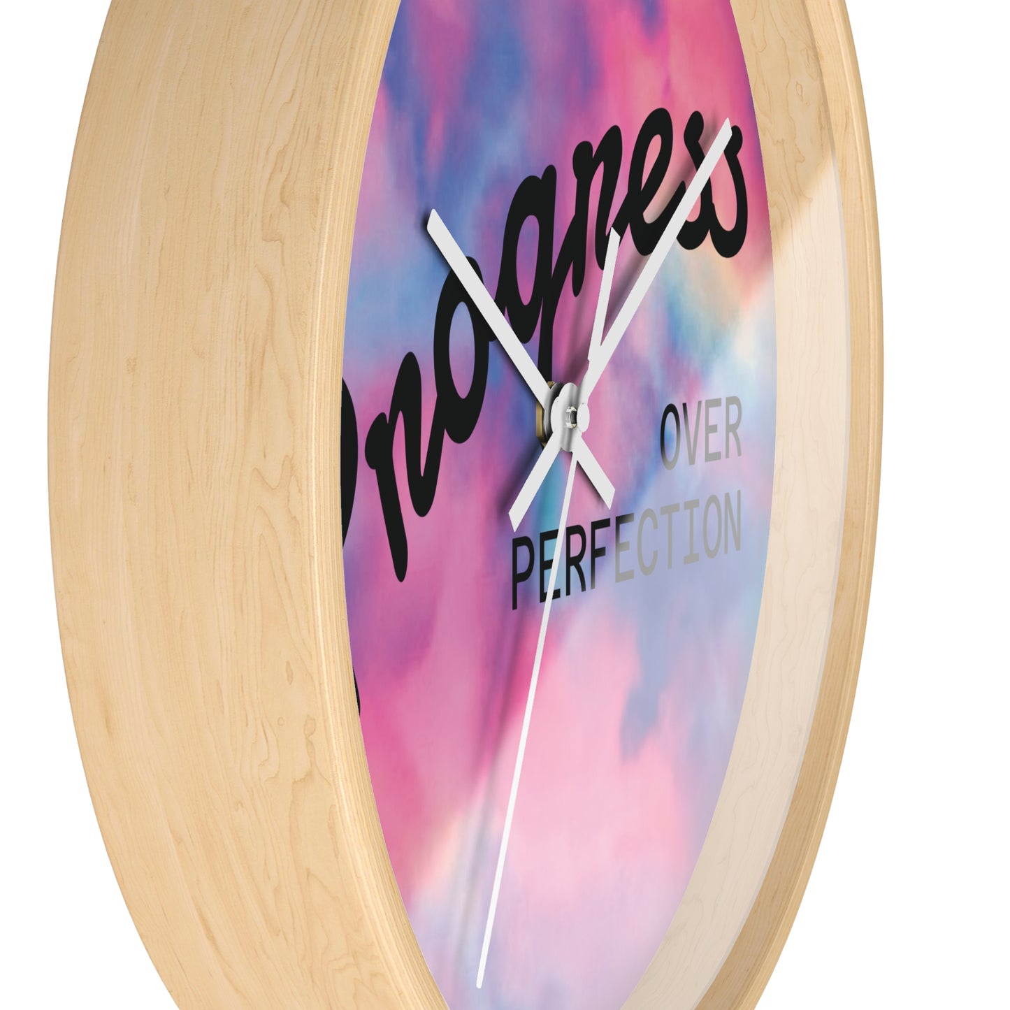 Progress Over Perfection wall clock | pastel cloud background