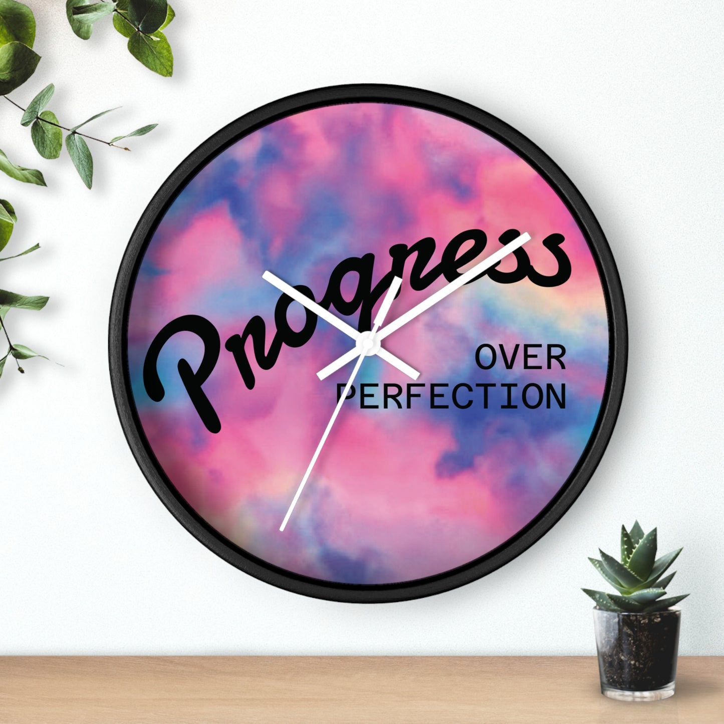 Progress Over Perfection wall clock | pastel cloud background