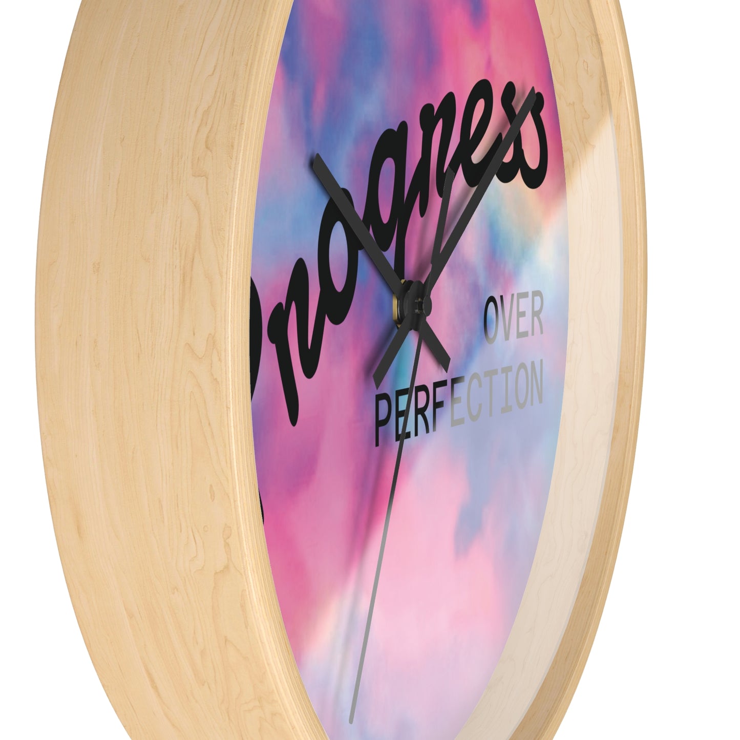 Progress Over Perfection wall clock | pastel cloud background