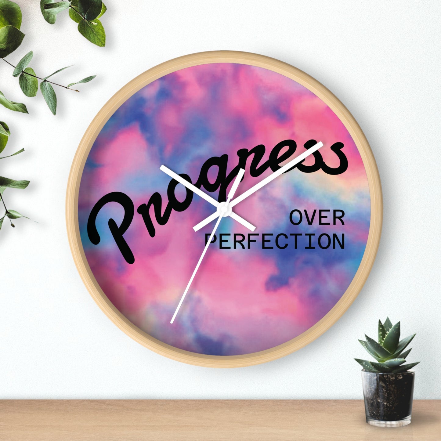 Progress Over Perfection wall clock | pastel cloud background