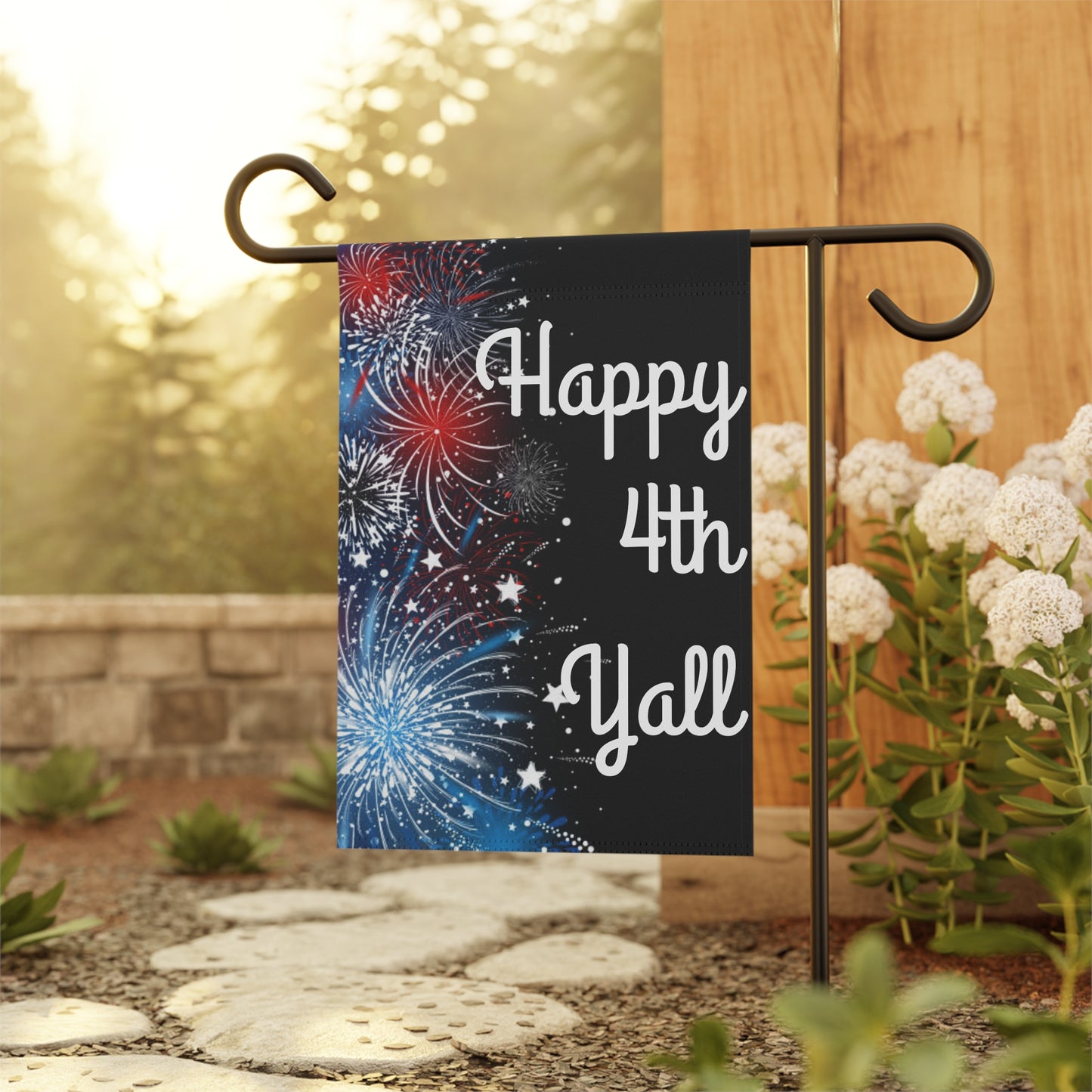 Happy 4th Y'all Garden Flag — Patriotic Fireworks House & Yard Banner