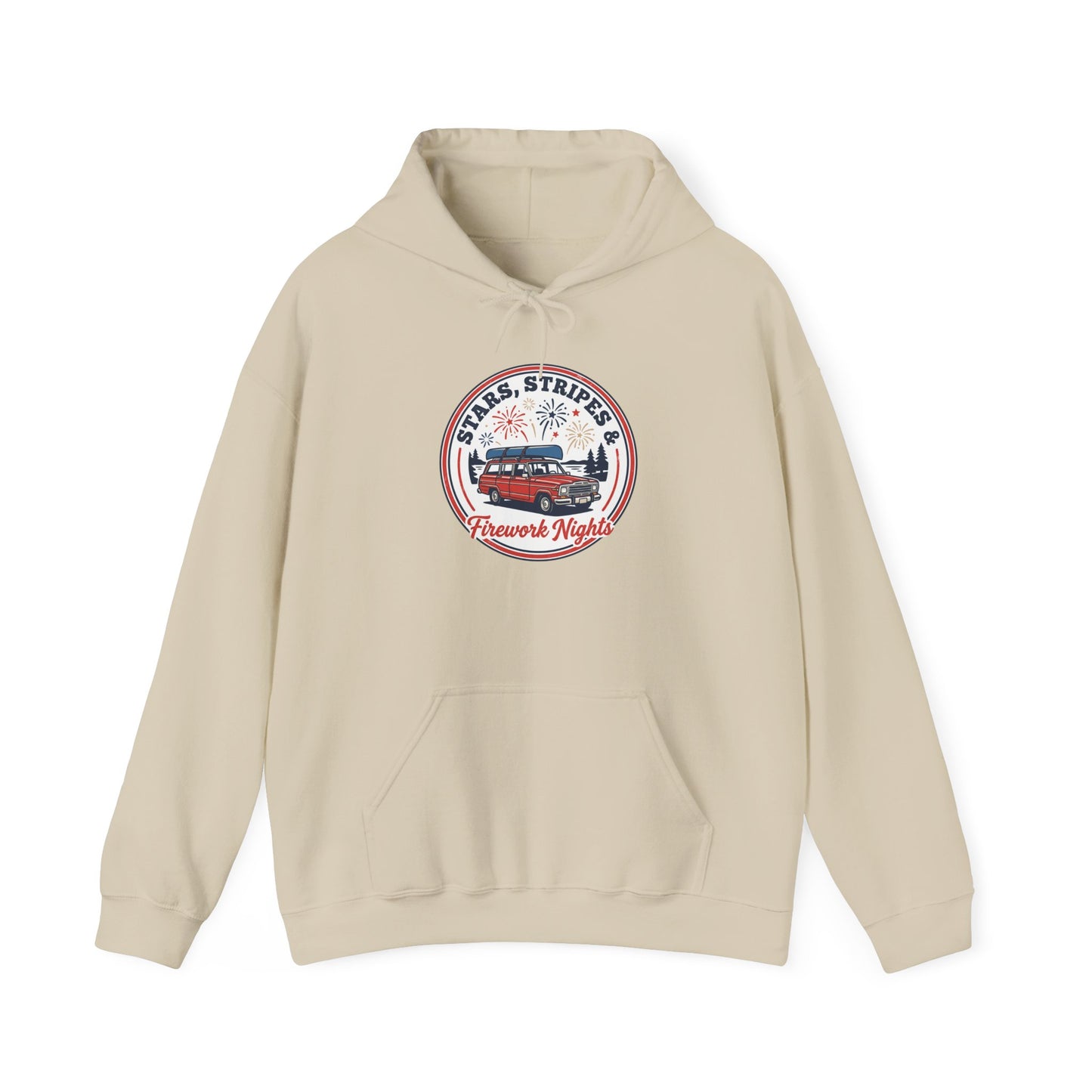 Vintage Americana Fireworks Hoodie | red white blue, retro parade