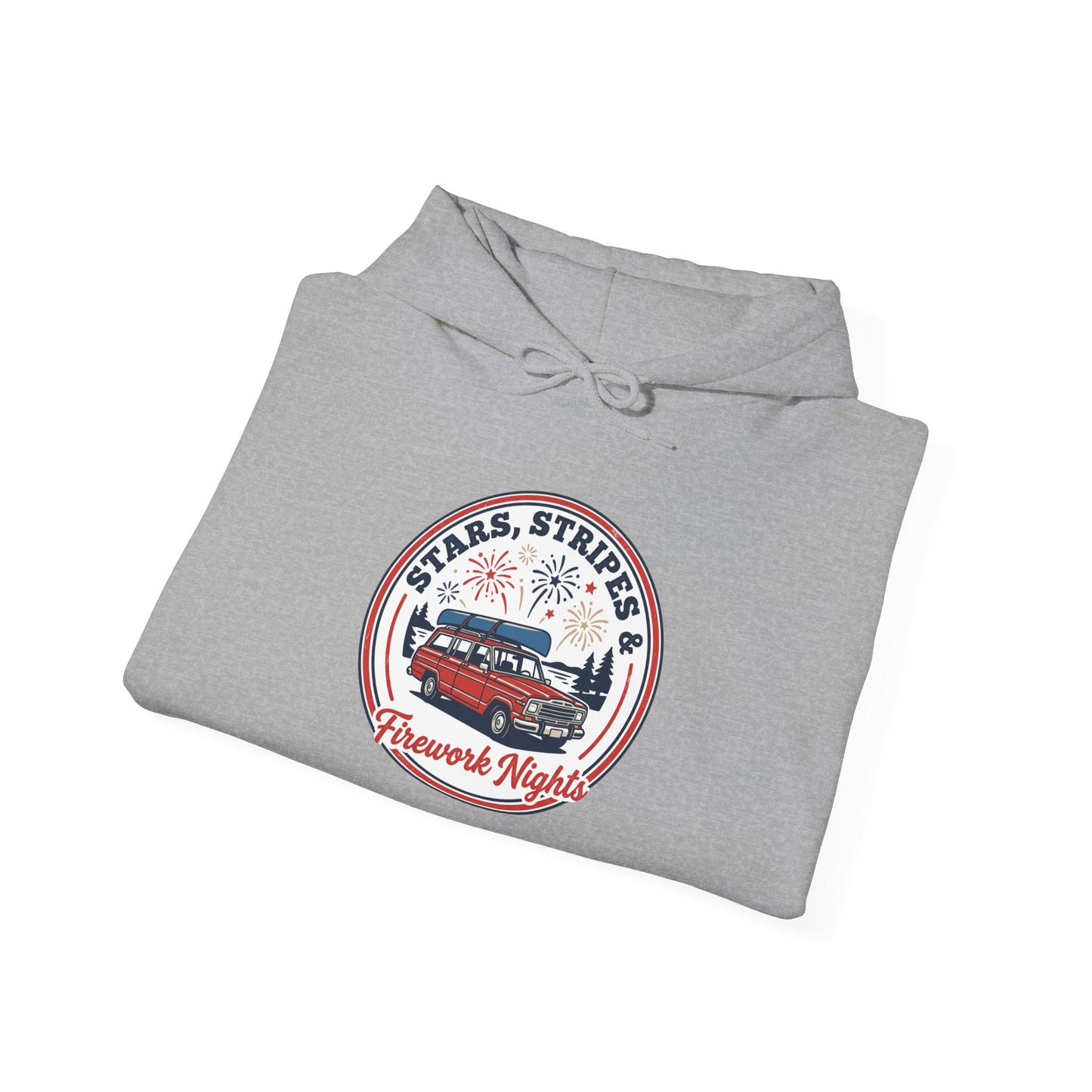 Vintage Americana Fireworks Hoodie | red white blue, retro parade