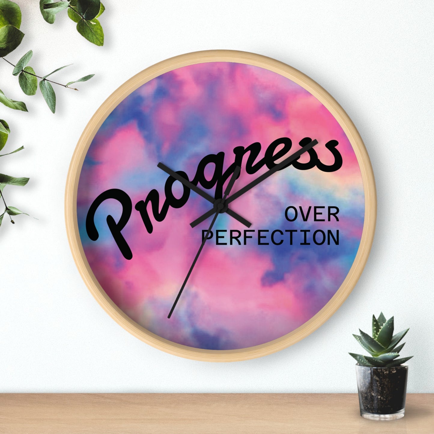 Progress Over Perfection wall clock | pastel cloud background