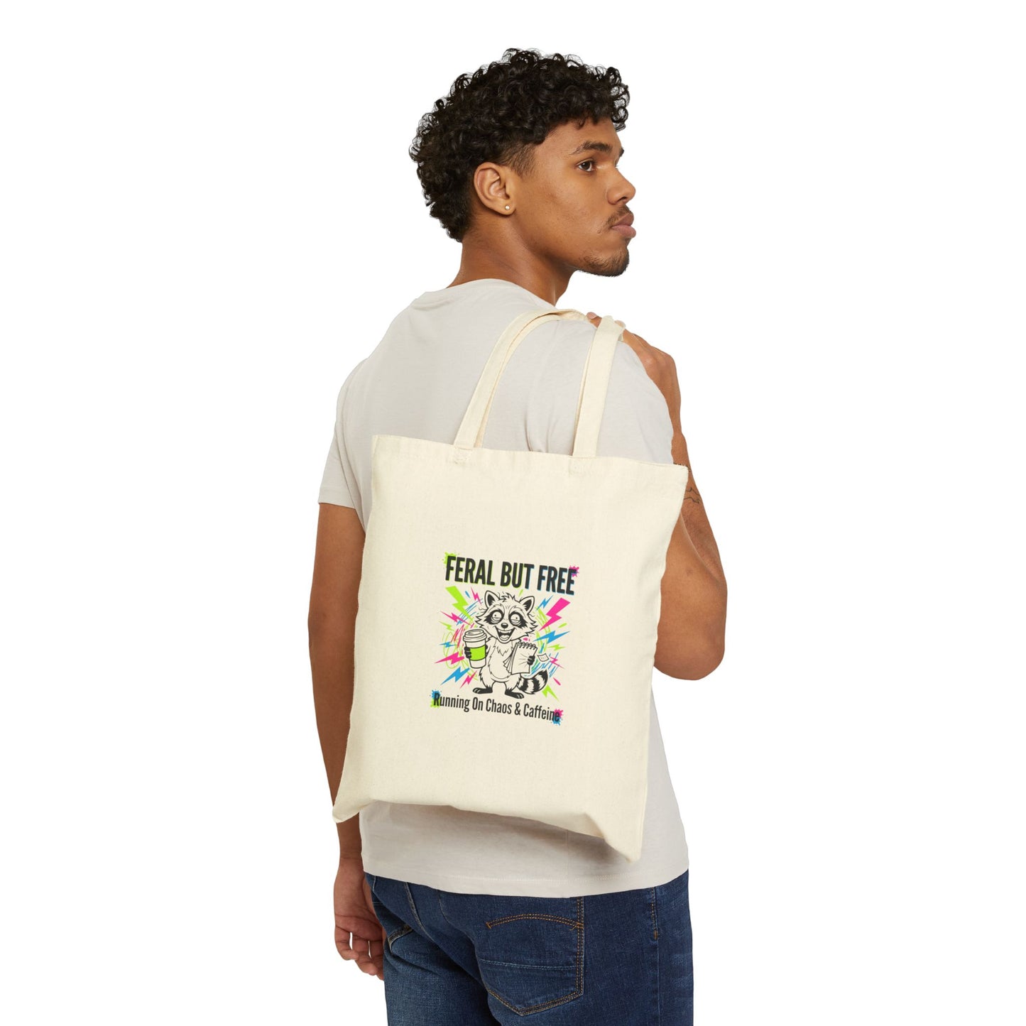 Feral But Free tote, chaotic quirky humor, millennial burnout aesthetic