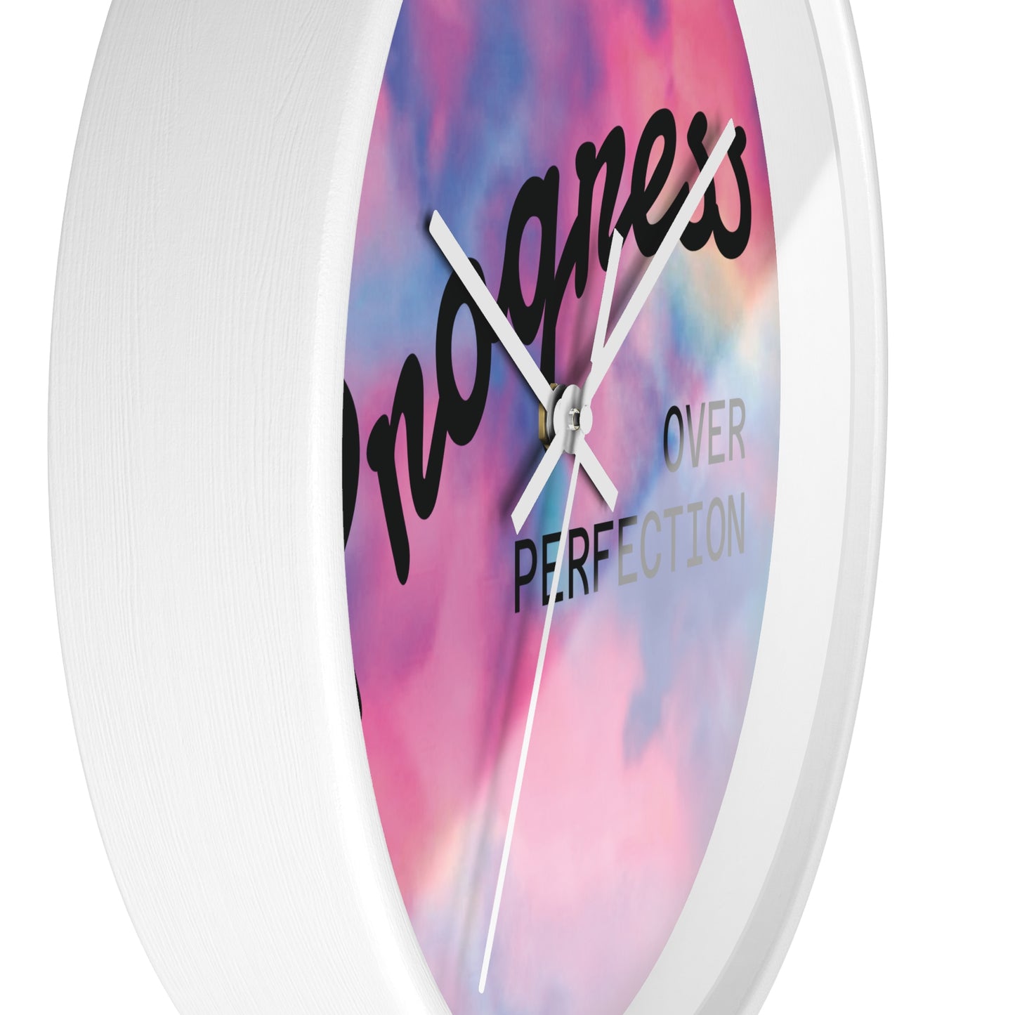 Progress Over Perfection wall clock | pastel cloud background