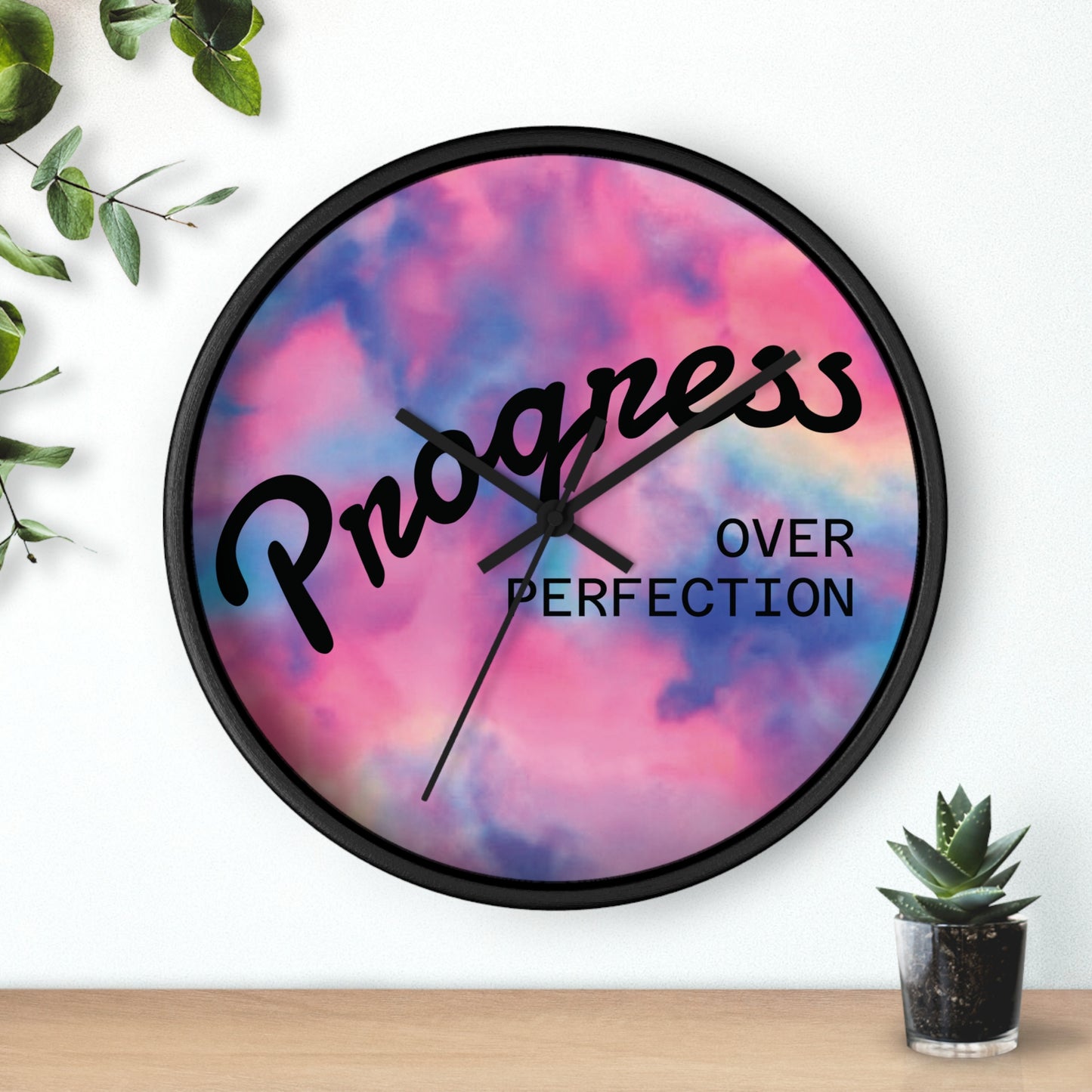 Progress Over Perfection wall clock | pastel cloud background