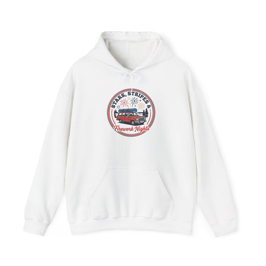 Vintage Americana Fireworks Hoodie | red white blue, retro parade