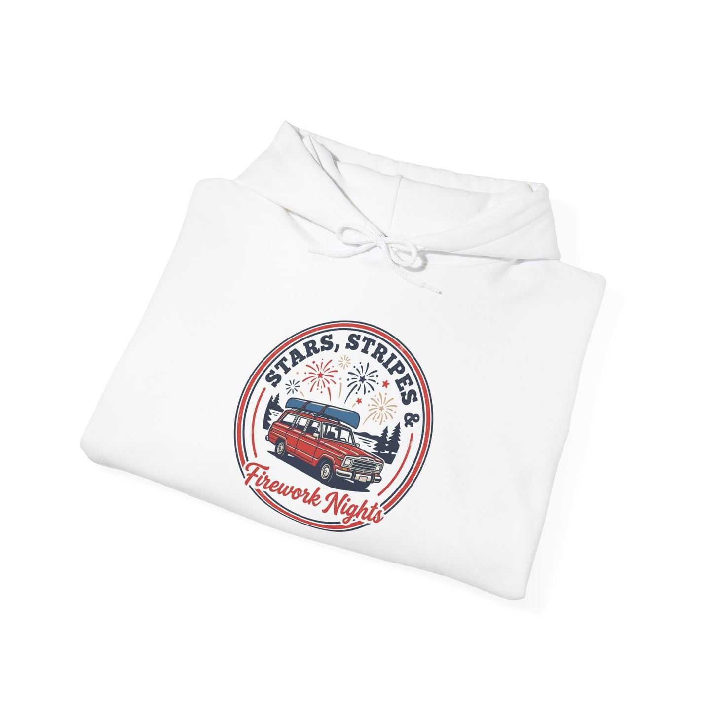 Vintage Americana Fireworks Hoodie | red white blue, retro parade