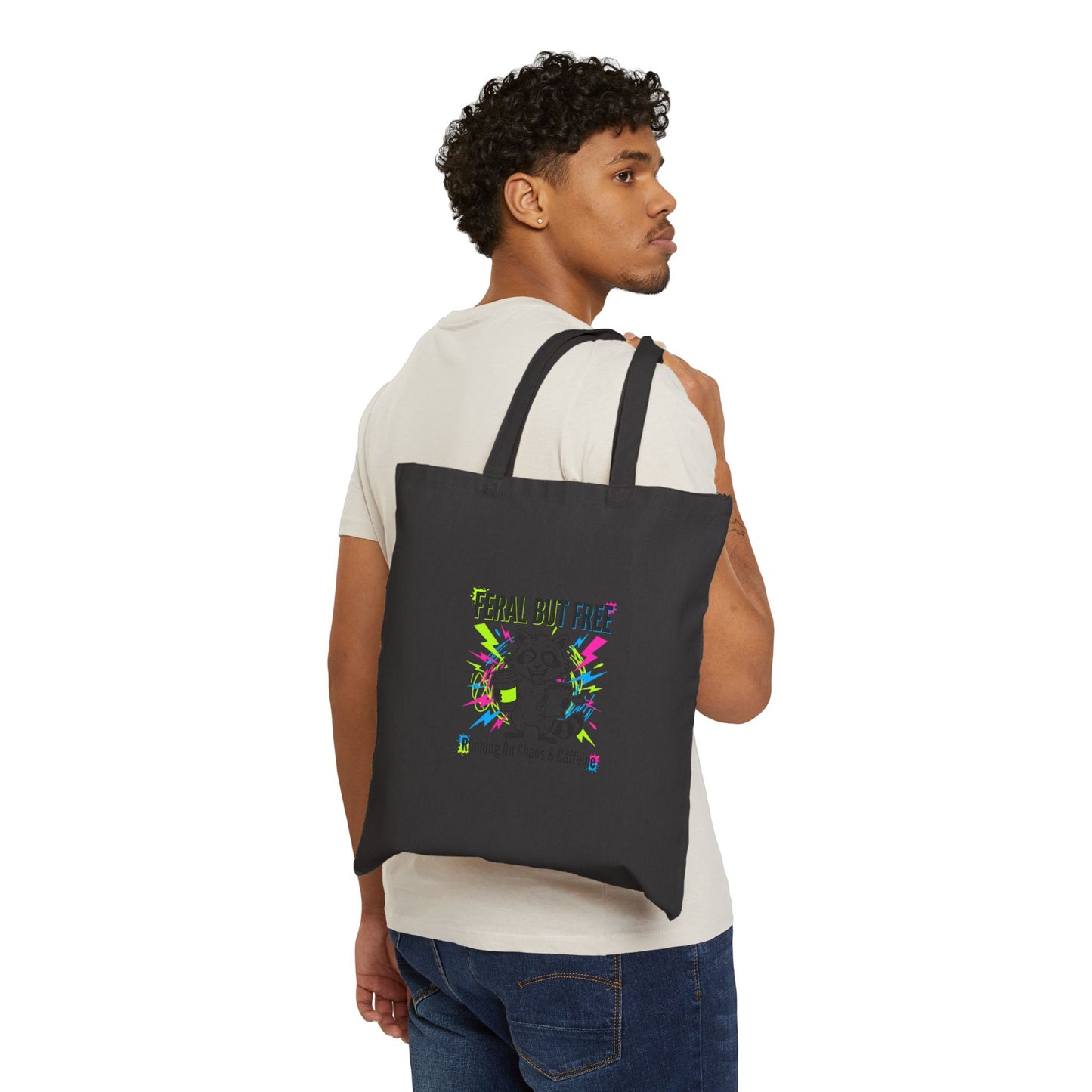 Feral But Free tote, chaotic quirky humor, millennial burnout aesthetic